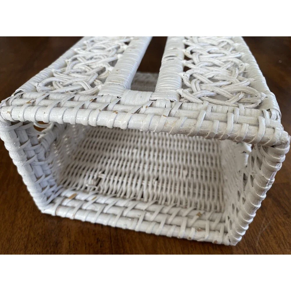 VINTAGE White Wicker Rectangular Tissue Box Holder Cover BOHO Shabby Chic Rustic